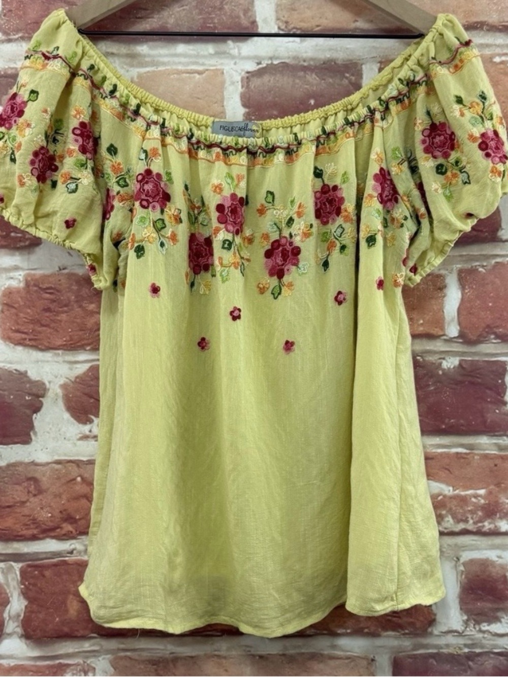 Figueroa & Flower Top Women's Large Yellow Boho Floral Embroidered Crinkle Shirt